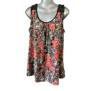 Judith Tank Top Sleeveless Floral Beaded Shoulders Red Black Blouse